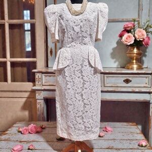 Elegant White Lace Dress with peplum floral pristine wedding cocktail